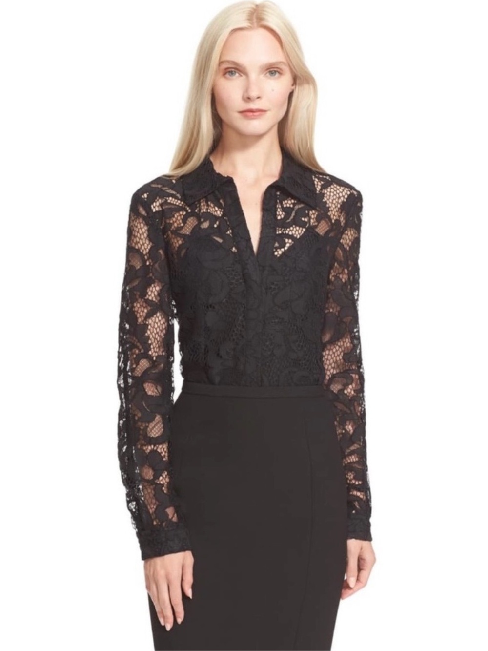 Diane Von Furstenburg Lorelei Two Bloom Lace Button Down Shirt Black Sz 2